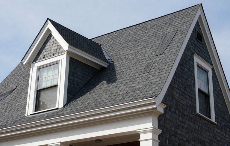 Low angle photography of a newly installed dark charcoal shingle roof on a traditional New York City residential building, bright white trim accents, professional craftsmanship, sharp focus, clear daylight, North American / New York City.