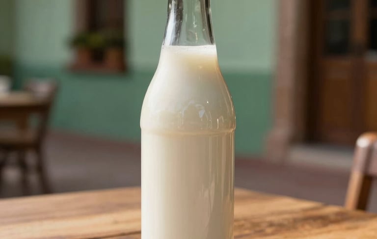 A professional, minimalist close-up photograph of a sleek glass bottle of fresh, white kefir resting on a sunlit wooden table in a traditional Latin American Mexican patio in Jalisco. The lighting is soft and golden, highlighting the smooth texture of the product. The color palette features sage green and cream tones.
