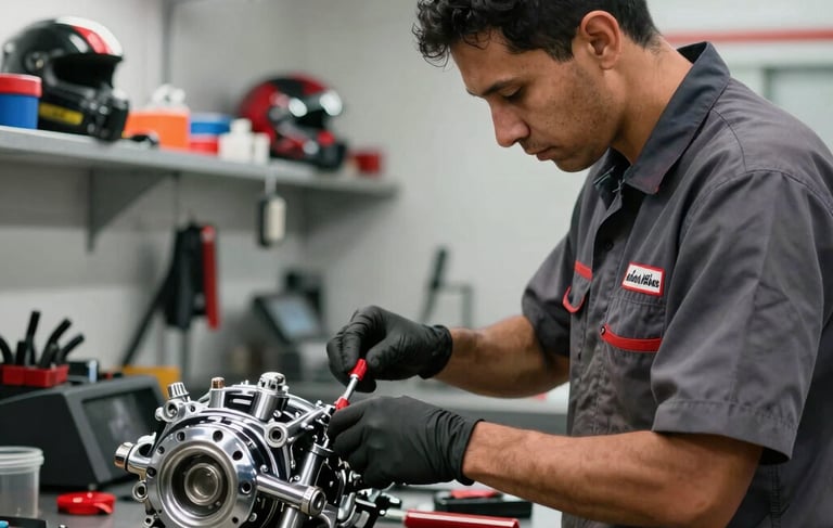 A detailed photograph of a professional South American motorcycle mechanic in a clean, modern workshop in Brazil, wearing a dark grey uniform. The lighting is cinematic, highlighting chrome motorcycle parts and red accents. High-quality shot focusing on the expert precision and organized tool environment.