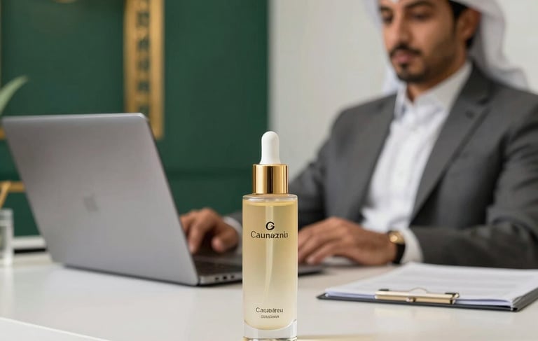 A professional photography shot of a bright, modern office space in Casablanca, Morocco. On a clean white desk, an elegant gold-capped skincare bottle sits next to a designer laptop. In the background, a professional Middle Eastern consultant is visible in soft focus. The scene features deep green and gold decorative elements, creating a sense of luxury and entrepreneurship.