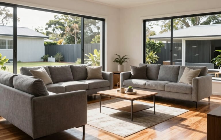 A wide photography shot of a sun-drenched, modern Australian living room in Adelaide with polished timber floors, minimalist grey furniture, and bright natural light coming through large windows, conveying a fresh and meticulously clean atmosphere.