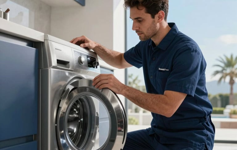 A high-end modern kitchen setting in a Dubai villa, Middle Eastern / Gulf environment. A focused professional technician wearing a smart navy blue uniform is inspecting a sleek, stainless steel washing machine. The scene is bright and airy with modern architectural details. Color scheme incorporates deep navy blue and soft sky blue accents. Professional commercial photography.