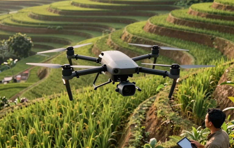 A professional high-angle shot of a high-tech agricultural drone flying over lush green terraced rice fields in the Indonesian highlands. A young Southeast Asian professional in field attire is visible in the corner of the frame holding a tablet. Warm morning sunlight, modern and sustainable agricultural atmosphere, with earth brown and fern green tones.