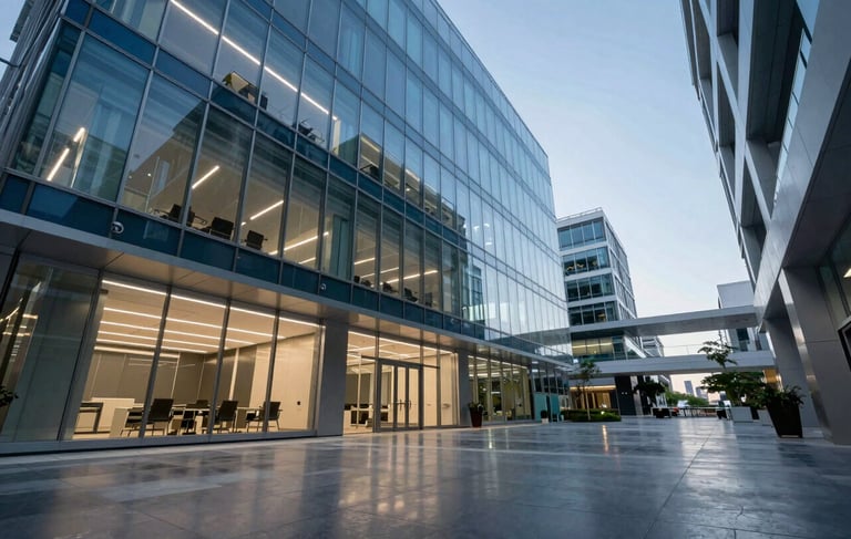 A wide-angle, low-angle photography shot of a sleek, modern North American corporate tech hub with high-tech glass partitions, deep blue and sky blue accent lighting reflecting on polished floors, professional atmosphere, sharp focus.