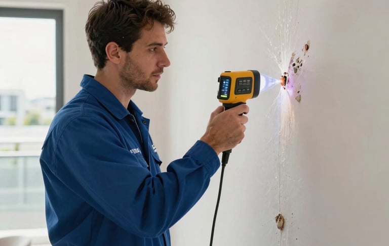 A professional North American restoration technician in a deep blue uniform using a thermal imaging camera and moisture detection equipment to inspect a water-damaged wall in a modern Miami home. The scene is bright and highlights efficient, expert service.