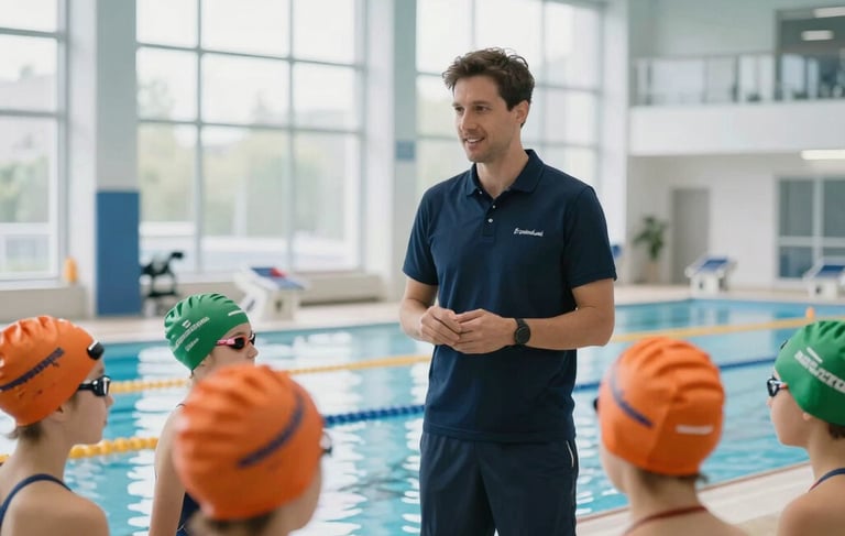 A high-quality, professional photograph of a modern indoor aquatic center in Central Europe. The scene is bright and airy with large windows. In the background, a swimming coach wearing a navy blue uniform is speaking with a group of young swimmers in orange and green swim caps. The atmosphere is positive, safe, and focused on professional supervision.