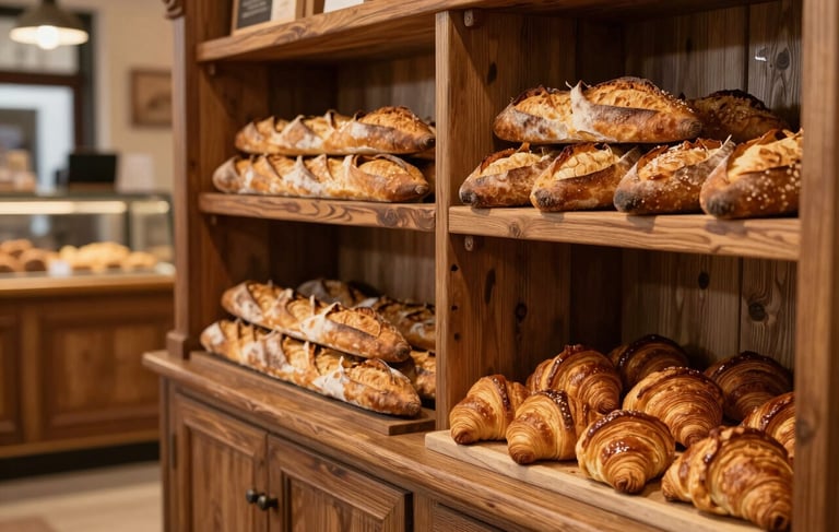 Photography of a warm and cozy French bakery interior in France. The scene features rustic wooden shelves filled with crusty golden baguettes and buttery croissants. The lighting is soft and golden, illuminating the caramel and dark brown wood textures. Authentic atmosphere with a blurred view of a traditional counter.