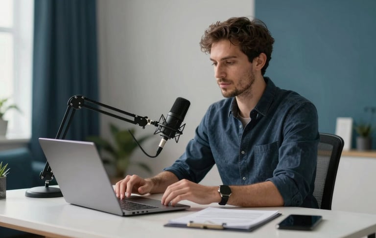 A sleek and professional digital creator in a modern North American home office setting. They are sitting at a minimalist desk with a high-end microphone and laptop, looking empowered and focused. The room features clean lines and natural lighting, with subtle wall accents in deep blue and teal. High-quality photography with a shallow depth of field.