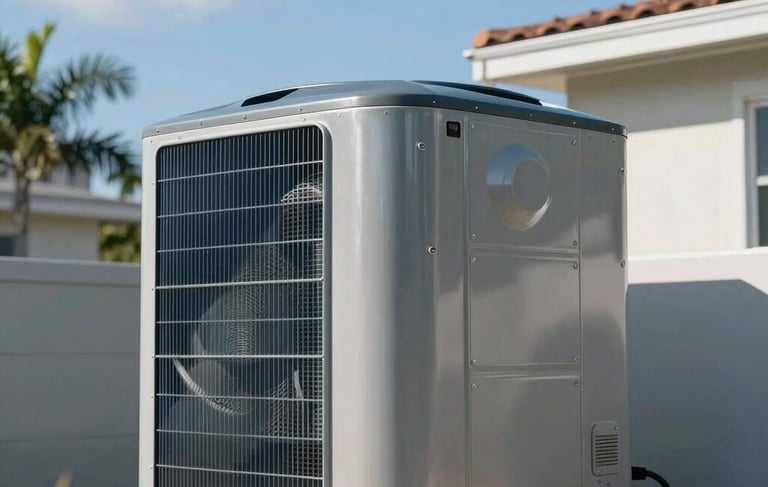 A professional medium shot of a modern, clean silver HVAC condenser unit installed on a residential property in Miami, Florida. The background features bright sunlight, clear blue skies, and subtle silhouettes of palm leaves. The lighting is crisp and technical, highlighting the high-tech precision of the machinery. The aesthetic is clean and professional with a cool blue and silver color palette.