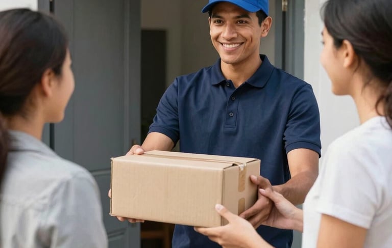 A professional South American delivery person in a clean navy blue uniform handing a cardboard package to a smiling customer at a modern apartment doorstep. Bright afternoon natural lighting, sharp focus, professional photography, capturing a moment of trust and efficient service.