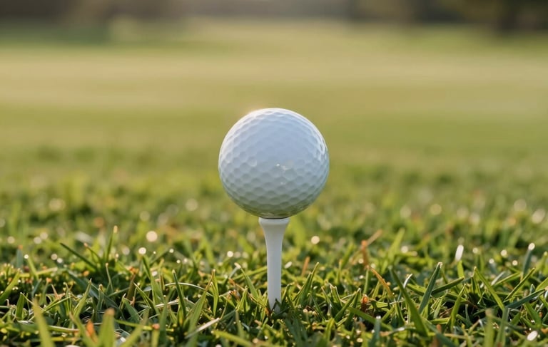 A close-up photograph of a professional golf ball resting on a crisp white tee in the lush sage green grass of an upscale North American golf course fairway, early morning warm sunlight casting long soft shadows, modern luxury sports club vibe.