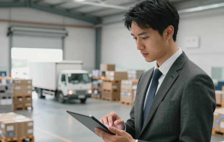 A professional logistics manager in business attire working on a digital tablet inside a bright, modern office overlooking a vast, high-ceiling warehouse. In the background, organized pallets and a delivery truck at a loading dock are visible. International Business setting, clean lines, trustworthy atmosphere, soft natural lighting.