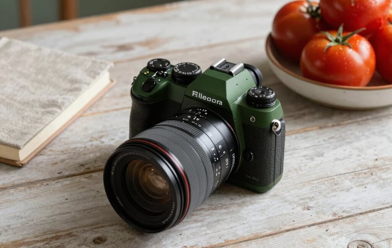 A refined professional photography shot in a North American / European studio setting. A rustic pale wood table holds a matte forest green camera, a linen-covered journal, and a ceramic bowl of deep ripe crimson tomatoes. Soft morning side-lighting creates an inviting, sophisticated artisanal mood.