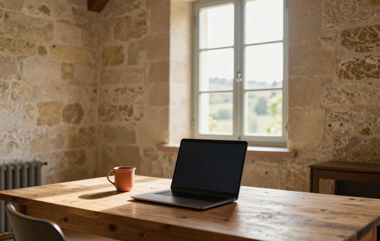 Modern photography of a workspace inside a traditional stone house in Souillac, Lot, Southern France. A laptop is open on a wooden desk with a terracotta mug, warm sunlight through the window, clean and premium atmosphere with soft cream and amber tones.