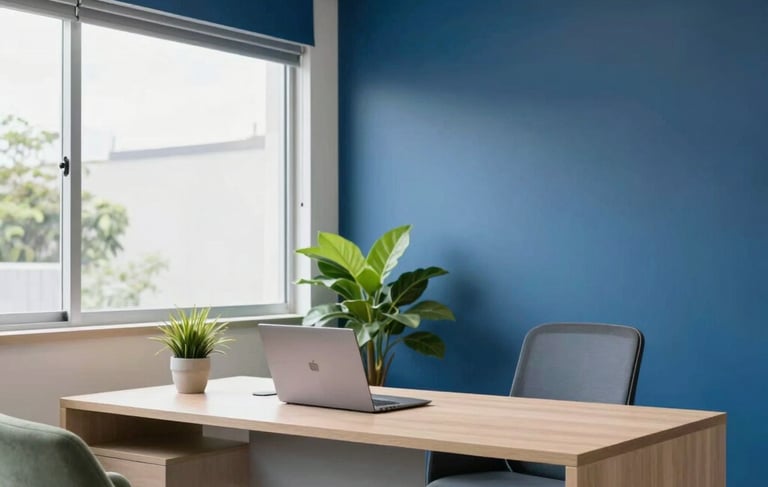 A clean and modern commercial space in South American Brazil, featuring a professional office interior with deep blue and soft white walls. The scene shows a tidy desk with a laptop and a green plant, conveying reliability and trustworthiness in a retail management context. Natural daylight coming through a large window, soft sage green accents on the furniture.