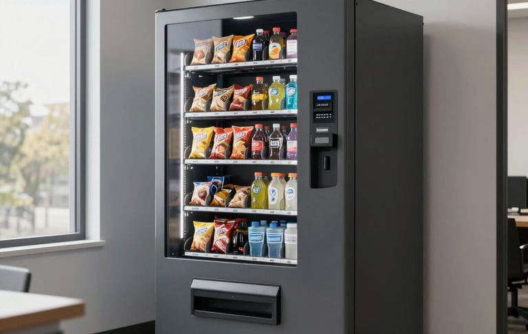 A clean, professional breakroom in a North American / US corporate office in San Antonio. A modern, charcoal gray vending machine offering snacks and chilled beverages stands against a light gray wall. Soft morning light enters through a large window. High-quality commercial photography style, clear focus, conveying reliability and convenience.