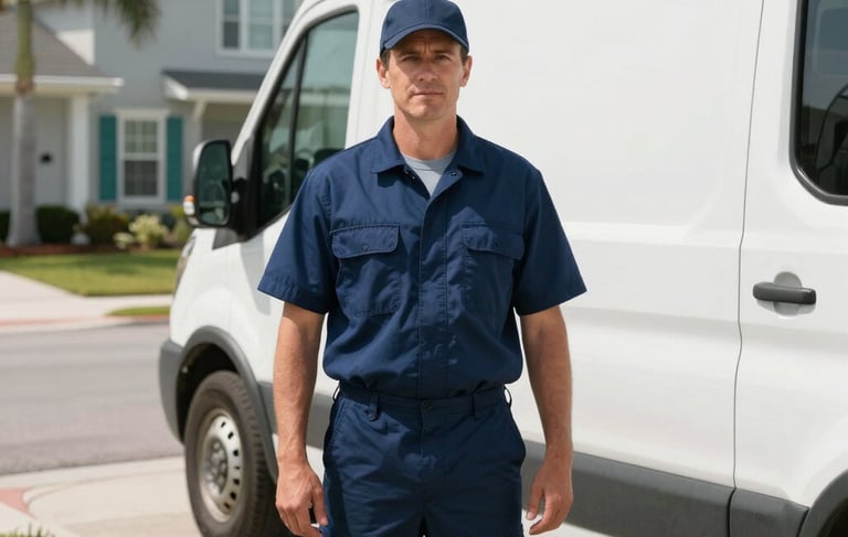 A sharp, high-quality photograph of a professional plumber in a clean dark blue uniform standing next to a white service van in a sun-drenched North American / US residential neighborhood in Orlando. The scene is bright, clean, and modern, using light gray and teal accents in the background to convey expertise and reliability.