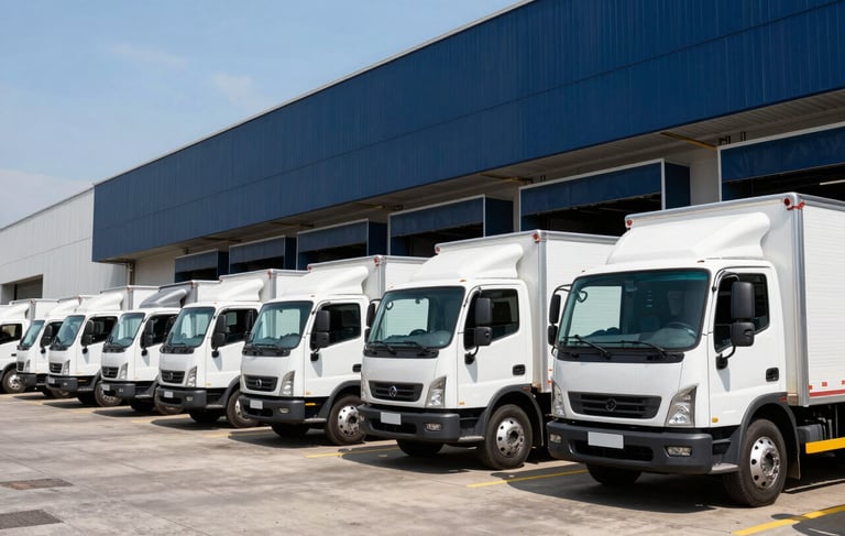 Professional photography of a modern distribution center in São Paulo, Brazil. The scene shows a fleet of clean white delivery trucks parked in a row at a loading dock during the day. The lighting is bright and clear, emphasizing efficiency and security. Brand colors of dark navy blue and steel blue are subtly visible in the architectural details of the warehouse.