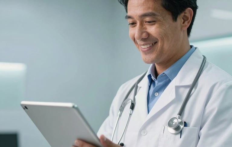 A South American medical professional in a clean, modern Brazilian telemedicine office, holding a digital tablet and smiling with empathy. The background features a soft sky blue and light gray palette with bright, professional lighting. High-quality photography, close-up composition.