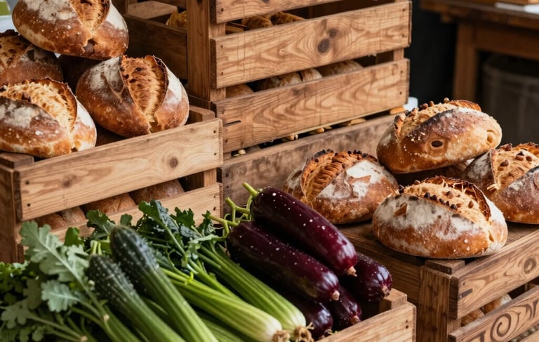 A top-down professional photography of a modern South American artisanal food market stall. The scene shows fresh organic vegetables, handmade breads, and rustic wooden crates. Warm natural light illuminates the textures. The color palette features rich browns and deep reds, creating a professional yet authentic atmosphere.