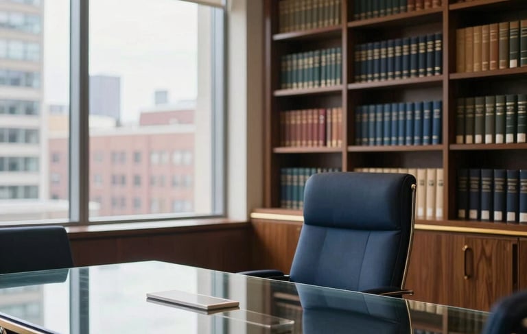 A professional photograph of a North American legal consultation room with large windows overlooking a city. An elegant glass conference table sits in front of a wall of dark wood bookshelves. The lighting is bright and authoritative, utilizing a palette of navy blue upholstery and gold accents.
