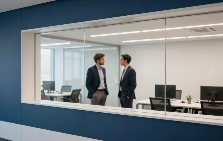 A clean, modern North American / US corporate office interior. Two professional business partners in smart attire are seen in a blurry background through a glass partition, symbolizing teamwork and trust. The foreground shows sharp architectural lines of a premium workspace with a midnight blue and cloud white color palette, capturing a result-driven business atmosphere.