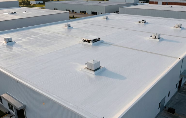 A professional high-angle photograph of a large commercial warehouse in New Jersey featuring a newly installed white TPO flat roof. The shot is captured during a clear morning, highlighting industrial textures and professional craftsmanship. North American / US industrial setting.
