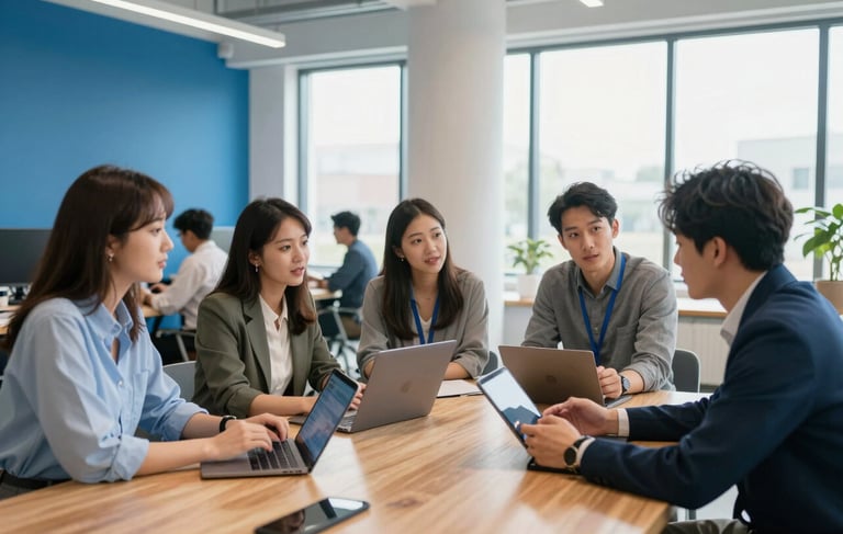 A candid photography shot of a collaborative group of professionals in a modern, sunlit North American / US tech workspace, featuring bright blue and soft white decor. They are engaged in an active discussion around a large wooden table with tablets and laptops, reflecting an intelligent and approachable community atmosphere.