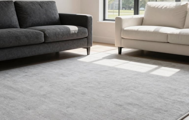 Professional high-resolution photograph of a sunlit living room in a modern Virginia suburban home. The focus is on a pristine, freshly steam-cleaned light gray carpet. Minimalist furniture in charcoal and off-white tones creates a clean, professional aesthetic. Natural bright light coming from a large window. América do Norte / EUA (Virgínia).