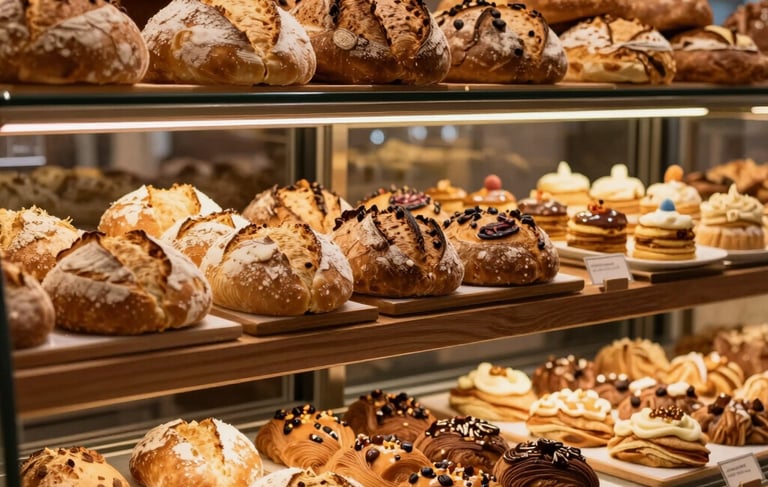 Photography of a sophisticated, modern bakery display in a South American / Brazilian setting. The scene features artisanal breads and elegant pastries on dark wood shelves, with warm golden lighting accentuating the textures. The color palette includes cream, gold, and deep brown, creating an atmosphere of reliability and high quality.