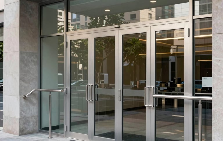 A professional architectural photograph of a modern building entrance in a Hispanic city featuring high-precision tempered glass doors and polished stainless steel handrails. Bright daylight reflecting off the clean metallic surfaces, wide angle shot, sharp details.