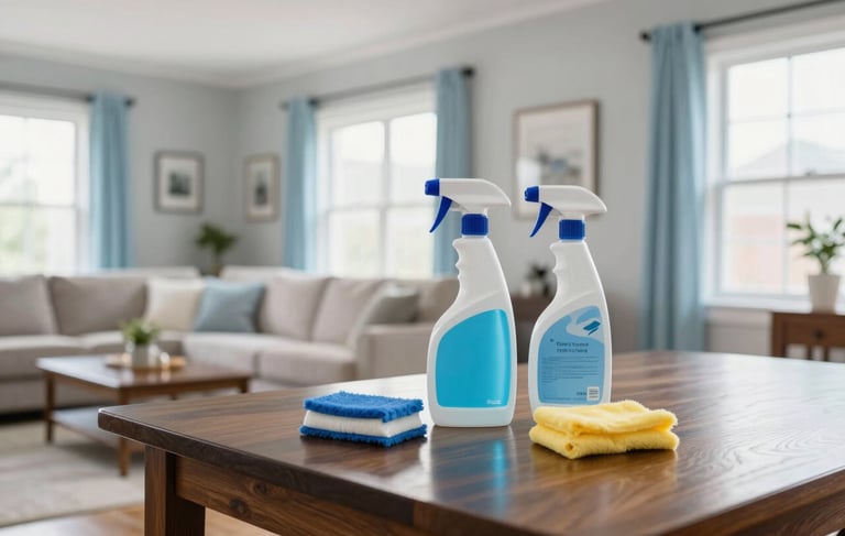 A bright and airy North American home interior showcasing a pristine living room with light gray walls and pale blue accents. Professional-grade cleaning supplies are subtly placed on a polished dark wood table. Natural light creates a trustworthy and professional atmosphere. High-quality photography style.