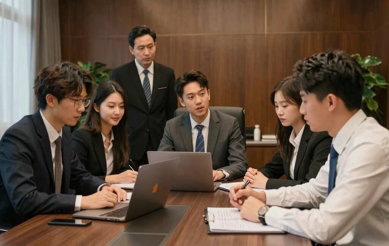 Elegant business meeting in a modern minimalist office with golden accents and dark marble surfaces.