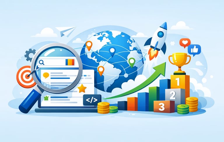 Digital marketing illustration showing SEO search engine optimization, global ranking growth, and website analytics.