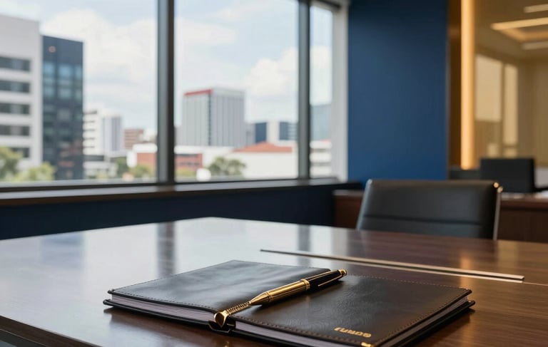 A high-end, professional office space in San José, Costa Rica. A sleek meeting table with a leather planner and gold pen sits in the foreground. Through large windows, a view of modern Central American city architecture is visible under clear daylight. The interior features elegant navy blue accents and warm gold lighting, reflecting a premium corporate atmosphere.