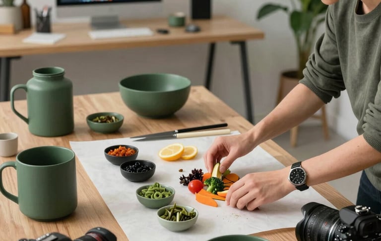 A high-angle, professional photography shot in a cozy North American creative studio. A digital strategist is seen from the side, arranging vibrant culinary ingredients on a crisp parchment table for a content shoot, surrounded by matte forest green props and high-end camera equipment. In the background, a minimalist workstation shows a blurry view of a social media growth dashboard. The lighting is soft and natural, emphasizing a sophisticated, down-to-earth agency atmosphere.