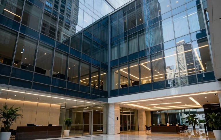 Photography of a modern and sophisticated corporate office lobby in São Paulo, Brazil, featuring glass architecture, high ceilings, and soft natural light reflecting on polished stone floors, conveying a sense of security, innovation, and trust, with deep blue and white tones throughout the scene.