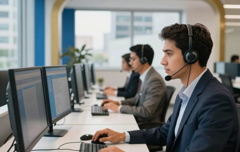 Photography of a modern and bright customer service center in a South American / Brazilian corporate district. Professionals are working at clean white desks with advanced headsets and computer monitors. The environment is professional and efficient, with steel blue and gold decorative accents. Natural light spills through large windows, creating a welcoming and high-quality atmosphere.
