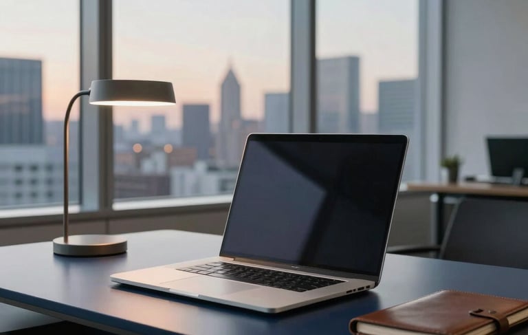 A high-end, contemporary workspace in a North American corporate office. A sleek silver laptop sits on a dark navy blue desk next to a modern lamp and a leather notebook. Large windows in the background reveal a soft city skyline at dusk. The lighting is warm and professional, emphasizing a sophisticated atmosphere. Color palette includes deep blue, dark navy, and light grey accents.