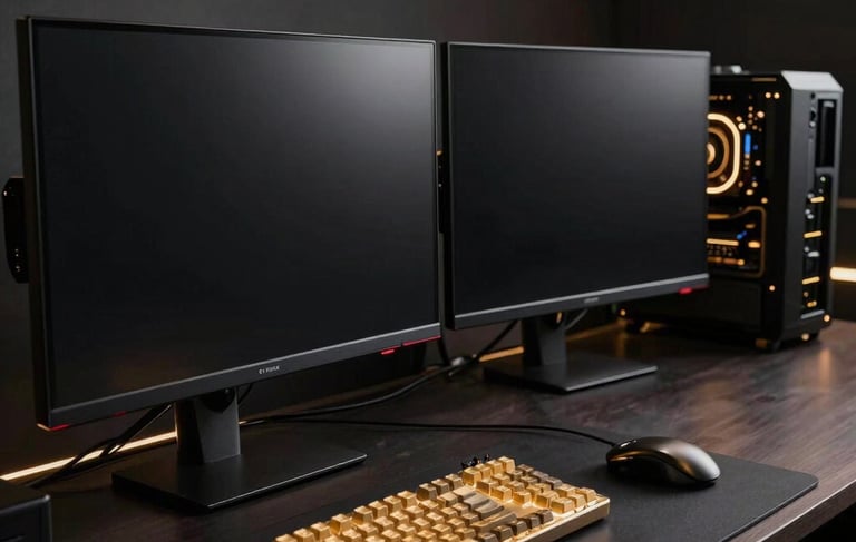 A high-end, premium gaming setup in a dark Turkish studio, featuring sleek black monitors, gold backlit mechanical keyboard, and subtle neon gold ambient lighting, cinematic photography, high contrast.