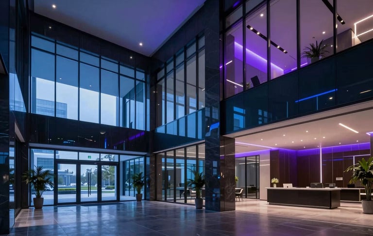 A cinematic, wide-angle photograph of a premium, modern high-tech office lobby in North America. The space features dark architectural textures and floor-to-ceiling glass, illuminated by vibrant neon blue and purple ambient lighting. The composition is clean, sophisticated, and reflects a cutting-edge futuristic tech firm.