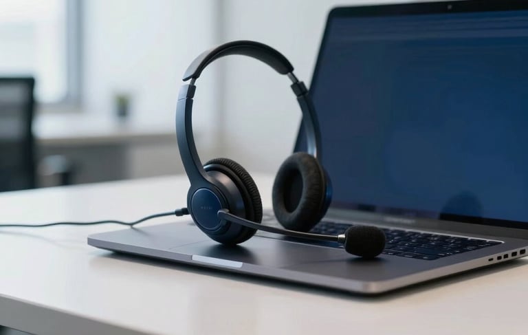 A professional and clean photography shot of a modern office space in South American / Brazilian setting. A high-quality tele-atendimento headset with a microphone rests on a dark blue laptop on a minimalist desk. The background is slightly blurred with soft daylight, conveying trust and efficiency. Colors include navy blue, light gray, and white.