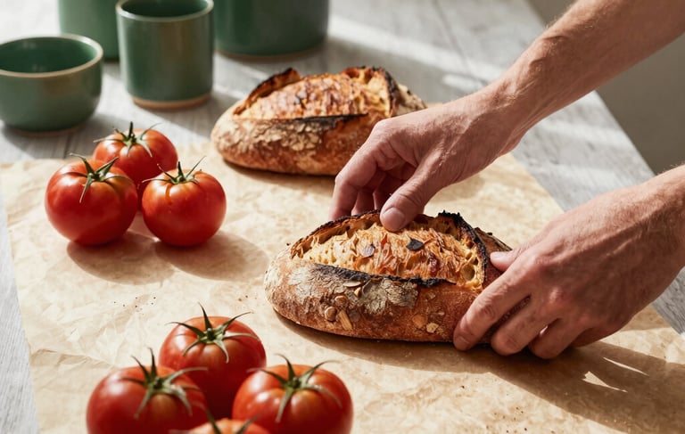 A high-end lifestyle photography shot of a content creator in a sunlit, Scandinavian-style studio in a Western European / North American city. They are styling a flat-lay of fresh sourdough bread and heritage tomatoes on a Crisp Parchment surface. The lighting is natural and soft, with accents of Matte Forest Green in the background ceramics. Professional, cozy, and sophisticated atmosphere.