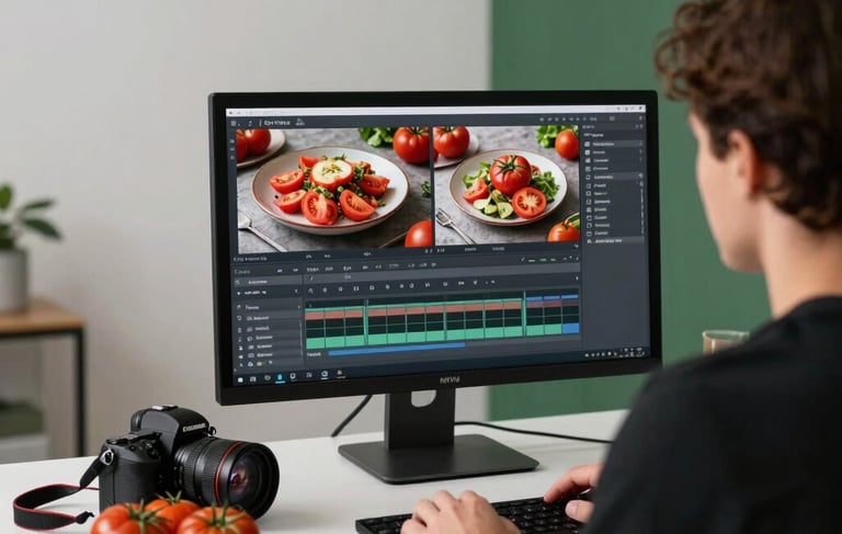 An over-the-shoulder photography shot of a digital marketing professional in a North American / European studio, editing high-contrast food photography on a large monitor. The studio space has clean Scandinavian lines. On the desk, a high-end camera sits next to a bowl of Deep Ripe Crimson tomatoes. The lighting is soft and airy, with Matte Forest Green accents in the background.