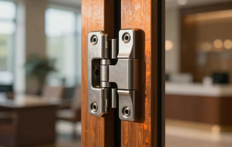 Detailed shot of a high-precision stainless steel pivot hinge for heavy glass doors, mounted in a luxury Latin American office lobby. The metal has a brushed finish with deep orange light reflections, emphasizing industrial technical precision and premium materials. Soft shadows, shallow depth of field, sharp focus on the mechanical joint.