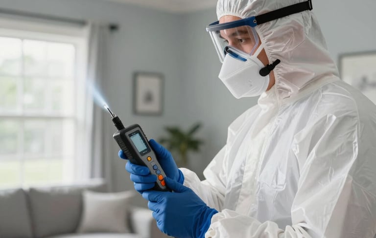 A high-trust photography shot of a professional remediation specialist in white protective gear and a mask, inspecting a residential interior in Orlando, Florida. The setting is a clean, modern living room with soft gray walls and bright, natural North American lighting. The specialist is holding a moisture detection tool, conveying a sense of authoritative safety and contamination control. Colors include soft gray, white, and navy blue accents.