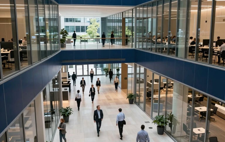 A high-angle, wide-shot photography of a clean, modern North American IT company headquarters in a US city with glass architecture and deep blue accents. The lighting is bright and professional, highlighting an innovative and trustworthy tech environment. Professional people in business casual attire are seen in the distance, out of focus, in a bright foyer.