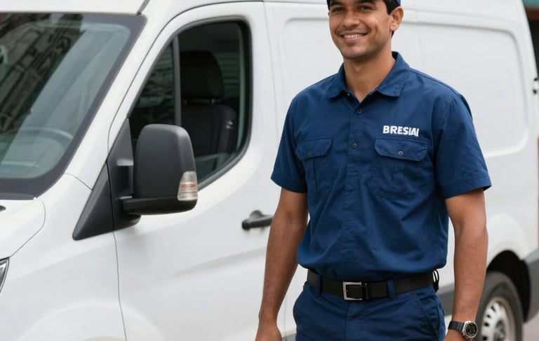 A professional South American / Brazilian courier in a navy blue uniform smiling and standing next to a clean white delivery van on a street in São Paulo. Bright natural daylight, cinematic composition, focusing on reliability and efficiency. Palette includes navy blue and steel blue tones.