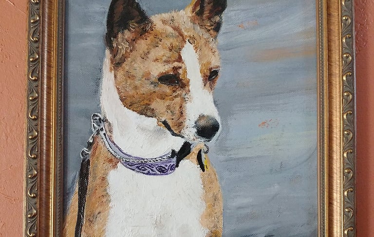 A framed oil painting of a Basenji dog with a purple collar against a grey background.