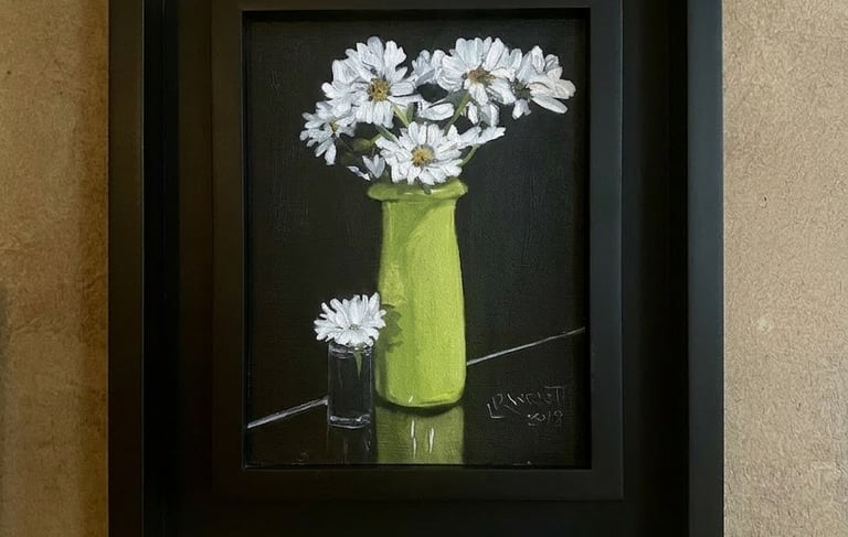 Oil painting of daisies in and surrounded by reflective surfaces